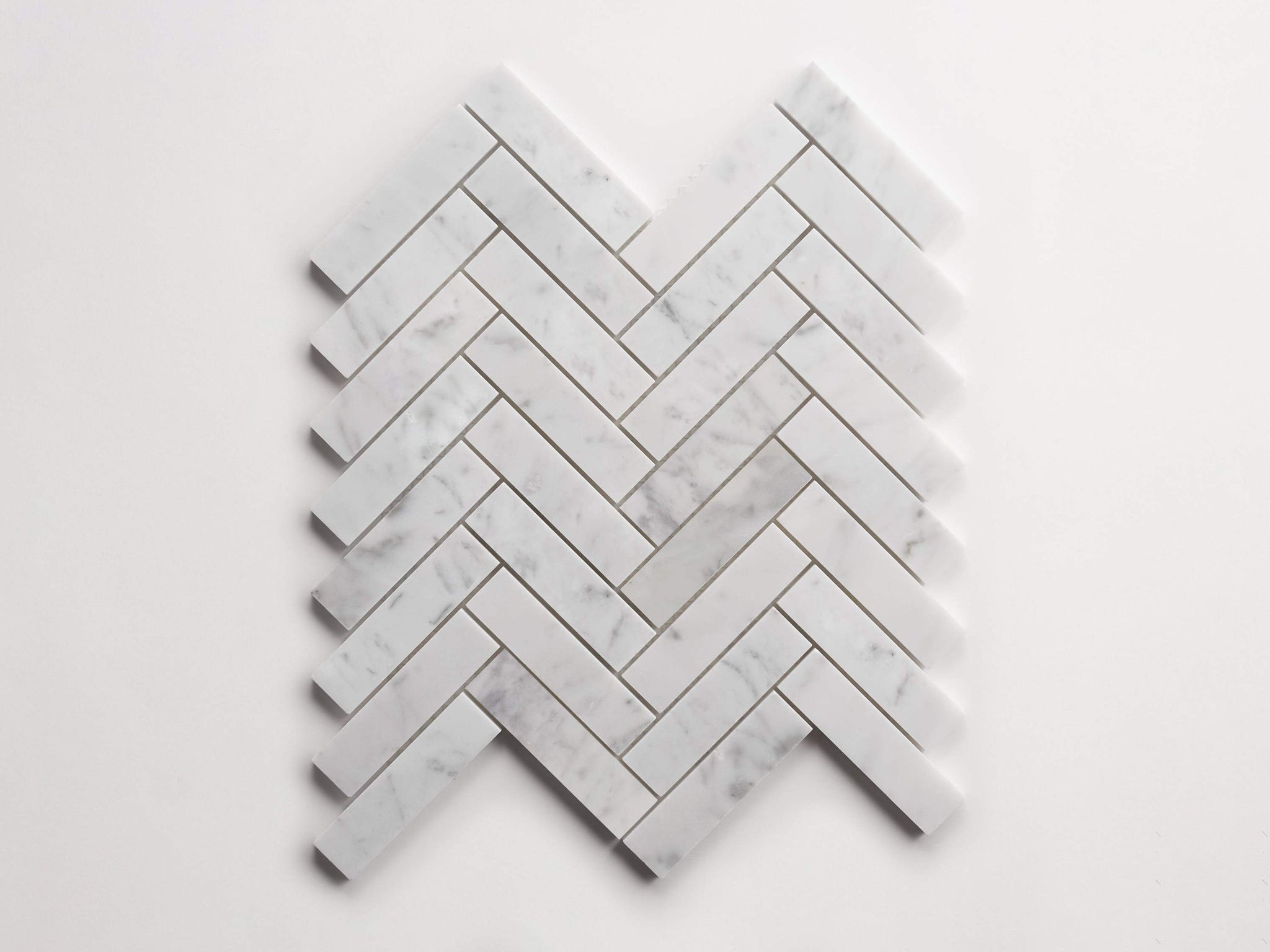 clé carrara | herringbone mosaic sheet ~ 1"x3.75"x0.375"