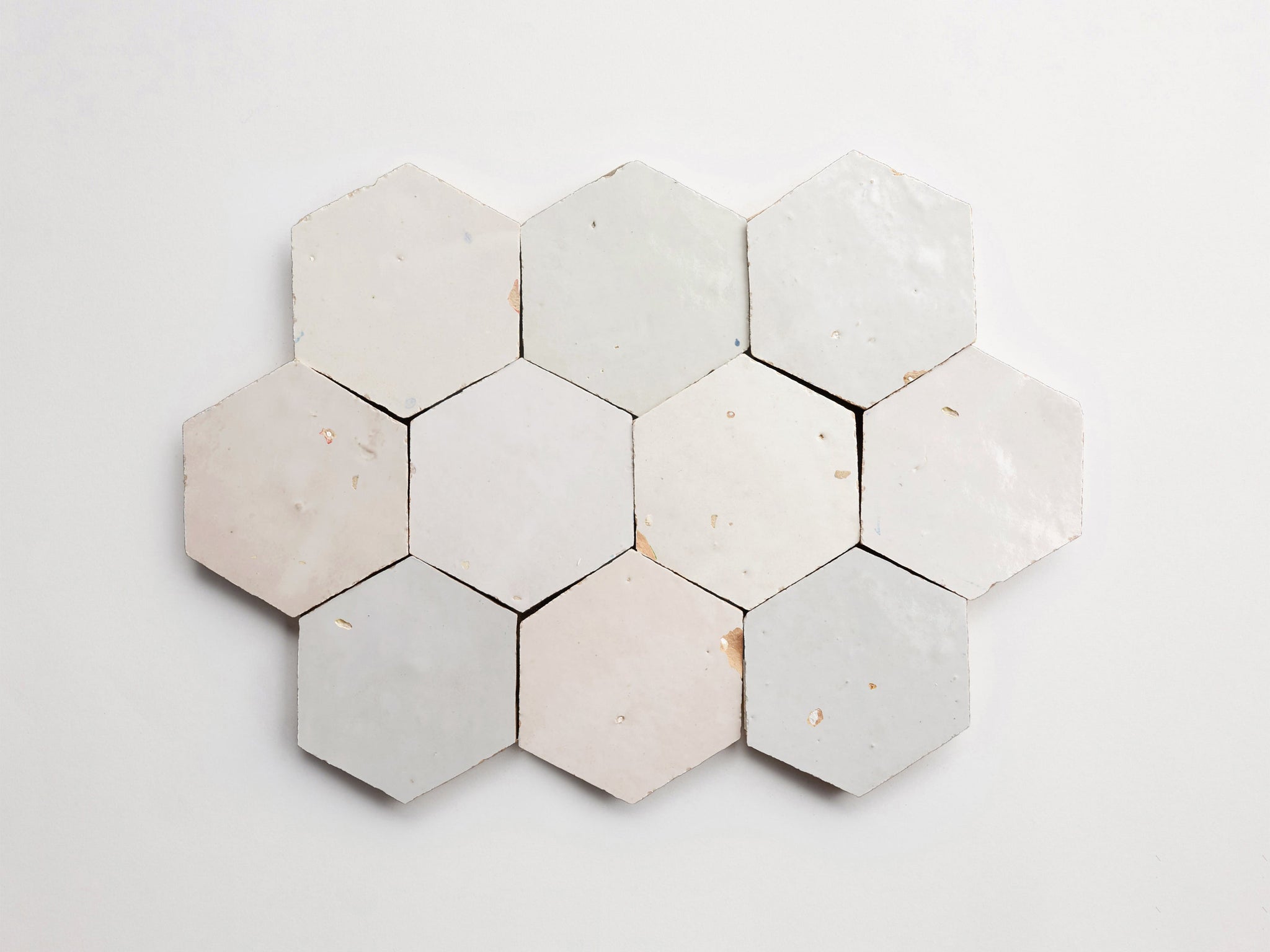 zellige | weathered white | hex ~ 3.5"x4"x0.375"